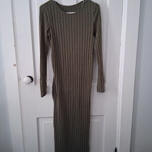 Olive Ribbed Knit Long Sleeve Dress